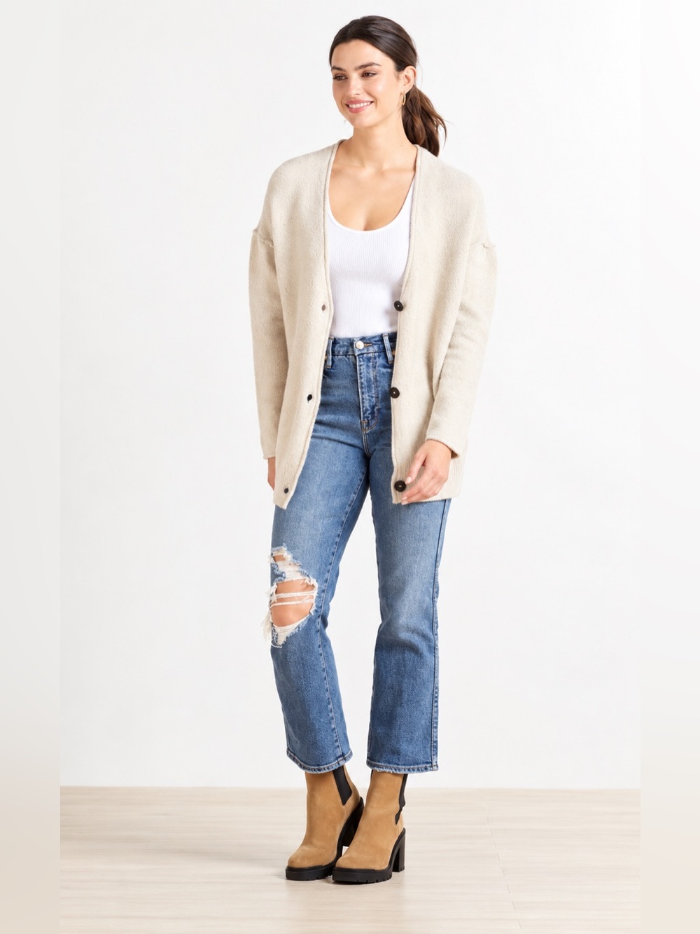 EVEREVE Sutton Cream Cardigan Oversized Normcore Cardigan Womens Size Large